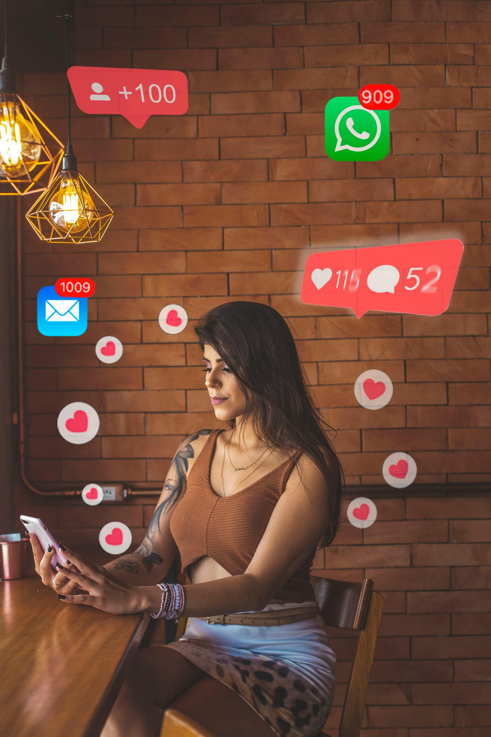 Woman using smartphone in cafe with social media notifications around.